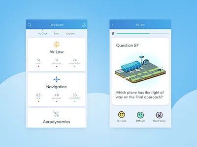Pilot Quiz Shot airplane app blue card clean flight mood progress question quiz