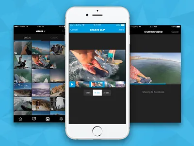 GoPro Capture App -> Trim + Share dark dark ui gopro media sharing social media software ui ux video video editing