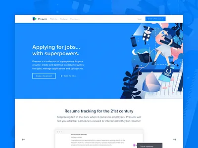 Presumi Landing Pages apply blue bold hero home job landing pattern presumi seeker simple white