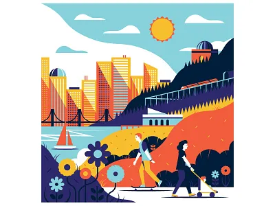 Cityscape Style Frame buildings city clouds flowers hills lookout ocean people skateboard skyline sun train