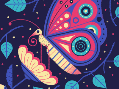 Night nectar bright butterfly character drawn illustration leaves nature plant retro texture vintage wings