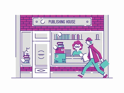 Latvian Book Market - Publishing House book bowler hat box building cat character editorial illustration line spot street writer