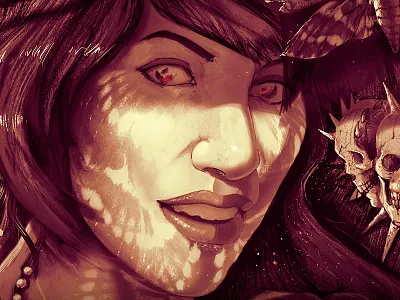 Marwa butterfly female face illustration mood moth portrait red sepia shadows skulls