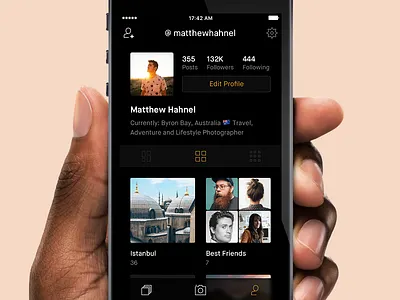 User Profile app dark ui feed grid ios minimal photo view
