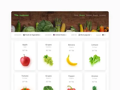 Foodiscover - Browse Grid browse card ecommerce food groceries interface ui userinterface ux web webdesign
