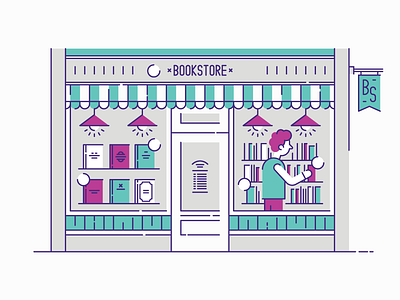 Latvian Book Market - Bookstore book building character door editorial illustration lamp line shop signboard spot street