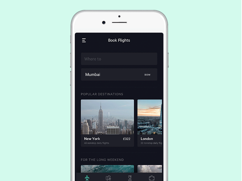 Search flow for flight app animation app dark flight gif interaction ios minimal search simple ui ux