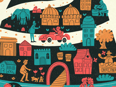 Touchie Feelie boobs character drawn flat hill house illustration poster retro scene texture vintage