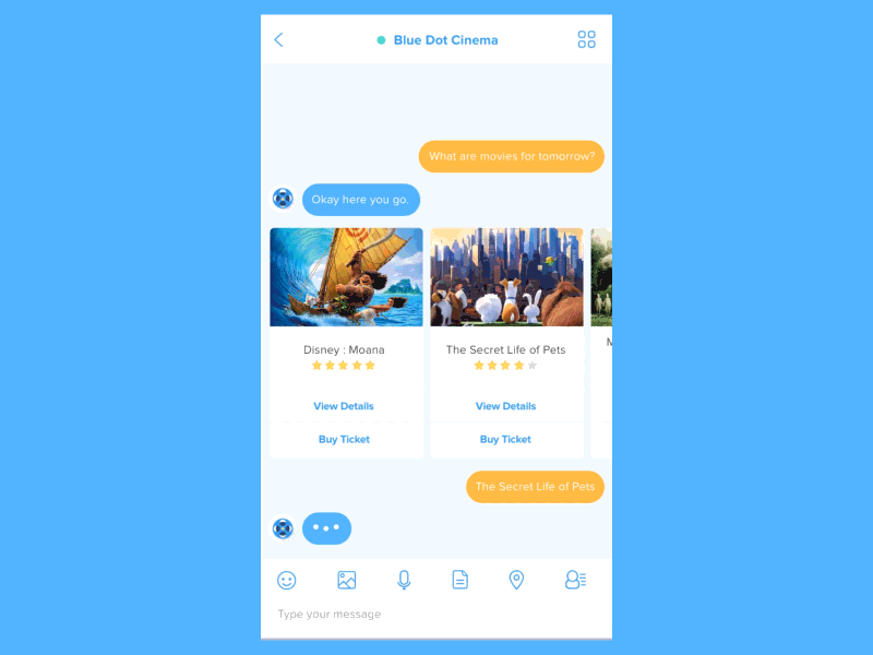 Buy Movie Ticket Mobile Animation animation bots card chat chatbots cinema gif ios mobile movie ui ux