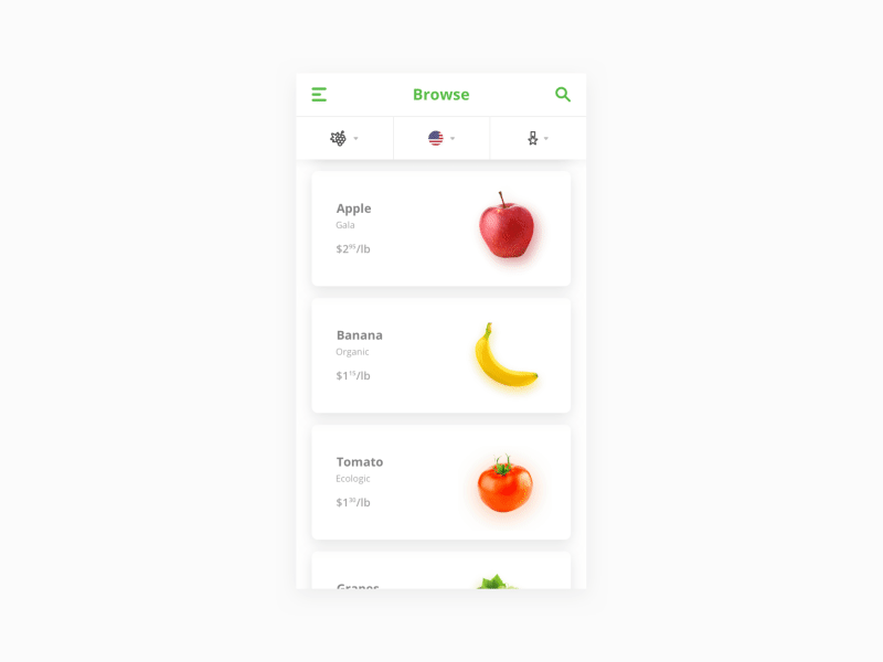 Foodiscover - Mobile Browse card ecommerce food groceries interface ui userinterface ux web webdesign