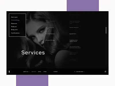 Beauty salon — concept beauty beautysalon concept dark desktop digital flat interactive interface minimalistic model nyc purple salon services ui ux web website
