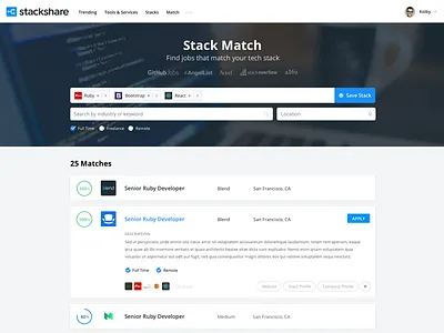 Stack Match - Job Board dashboard design job match react stacks tools