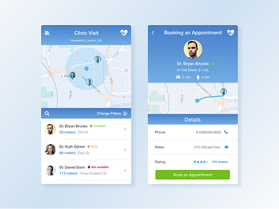 Medical App android app card doctor filter gradient iphone map medical profile ui