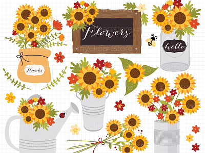 Clipart Cottage Sunflowers / Fall / Autumn Vector Clipart bumblebee fall autumn clipart leaves flowers mason jars sunflowers