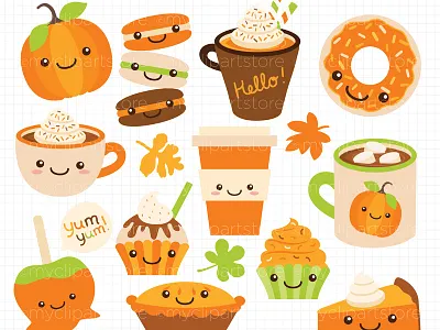 Clipart Fall Pumpkin Spice autumn clipart candy apple caramel apple cupcakes donuts fall leaves hot chocolate kawaii clipart macaroons pumpkin pie pumpkin spice latte pumpkin treats
