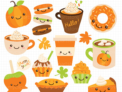 Clipart Fall Pumpkin Spice autumn clipart candy apple caramel apple cupcakes donuts fall leaves hot chocolate kawaii clipart macaroons pumpkin pie pumpkin spice latte pumpkin treats
