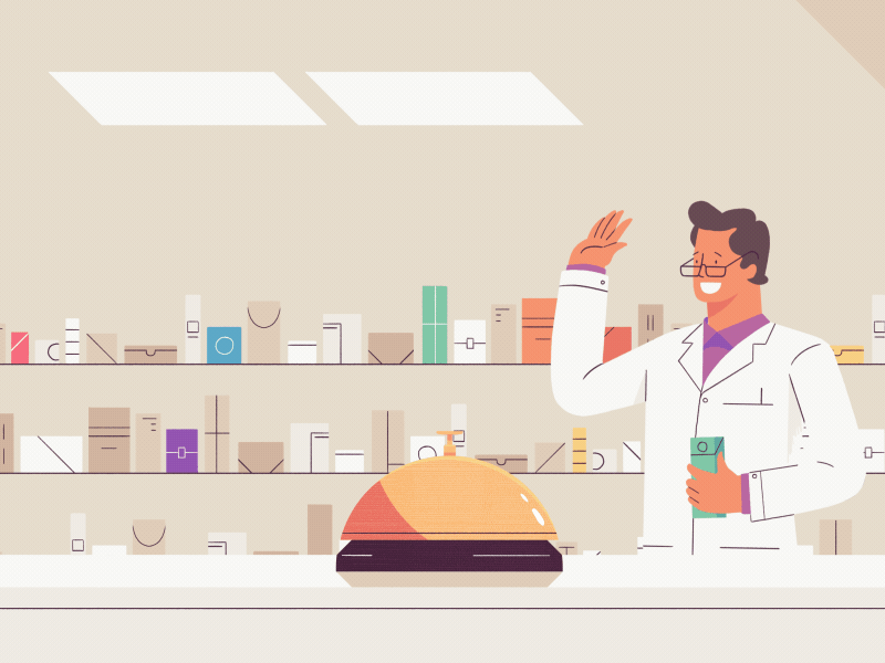 PrescribeWellness - Listeners animation bell cel character design doctor hand pharmacy pills prescription wellness