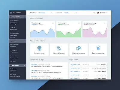Server admin dashboard design admin blue chart dashboard flat icons light linear server sidebar