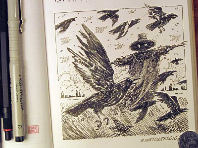 Day 14 [scarecrow] black and white drawing etching graphic gravure illustration ink scarecrow woodcut