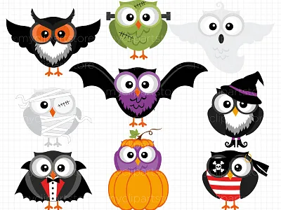 Clipart Halloween Owls bat crow dracula frankenstein ghost halloween owls mummy pirate pumpkin raven witch