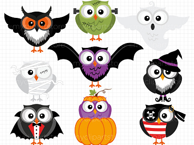 Clipart Halloween Owls bat crow dracula frankenstein ghost halloween owls mummy pirate pumpkin raven witch