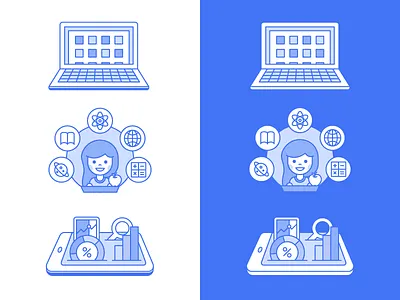 Monochromatic illustrations blue data device education girl illustration learn monochromatic perspective school stats stroke