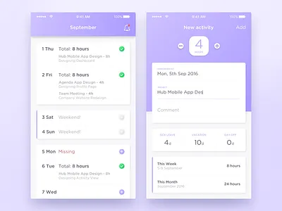 HUB Mobile Application activity android design blue flat design ios design manage material design mobile app report schedule ui design work