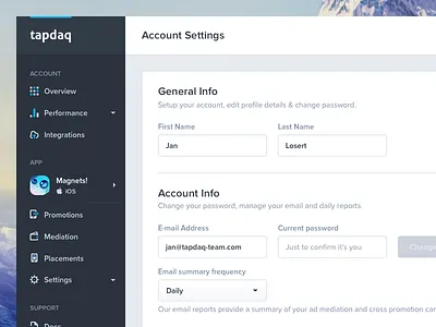 Tapdaq - Account Settings app dashboard export graph ios performance profile stats summary table time ui