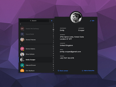 Contacts Web App address app contact dark flat interface minimal polygon ui ux