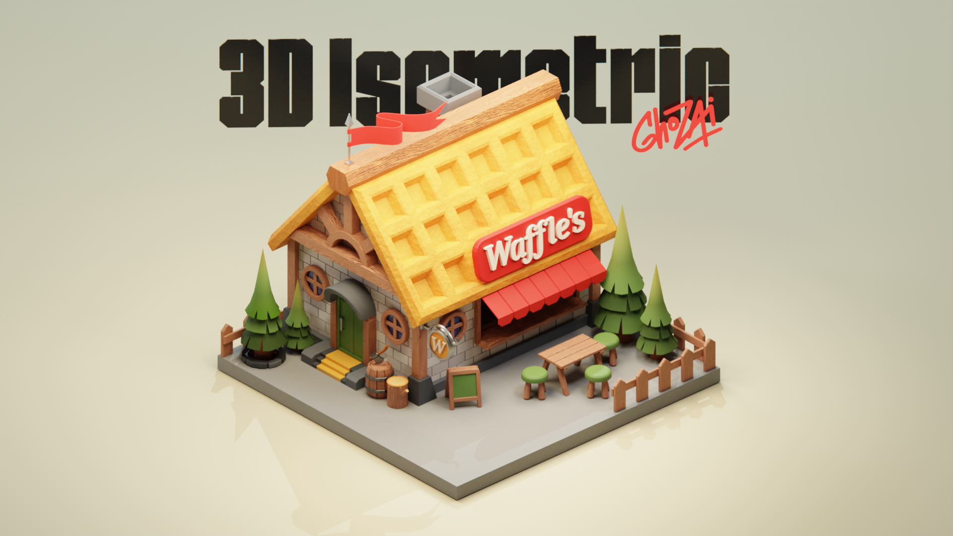 3D Isometric Building - Waffle House 3d 3d model blender game asset icon illustration isometric low poly medieval