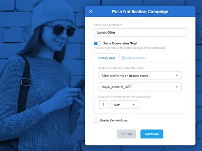 Conversion Goal UI app blue conversion dropdown event goal mobile switcher tabs tracking ui user