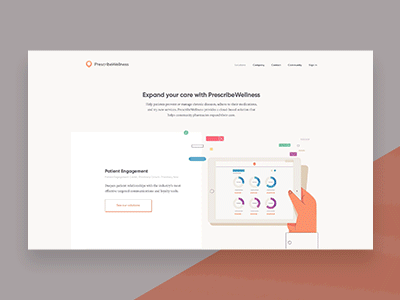 PrescribeWellness: Solutions page clean grid illustrations pharmacy