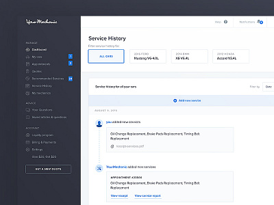 YourMechanic - Service History automotive cars clean dashboard list services timeline