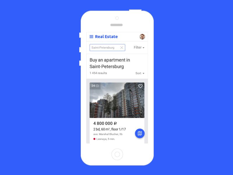 Real Estate SERP animation cards clean icon map mobile real estate search serp ui ux web