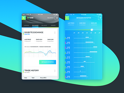 Exchange App application bit black blue cryptocurrency economic gradient graphs green interface ui ux