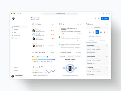 Dashboard for admin of a shift management application calendar dashboard shift shift management ui