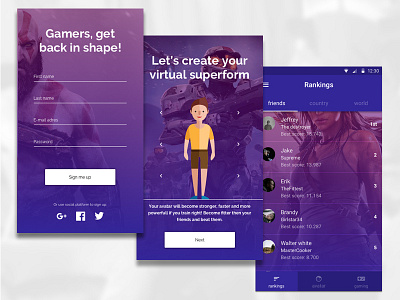 Gamers get fit app design concept fit gaming gym purple
