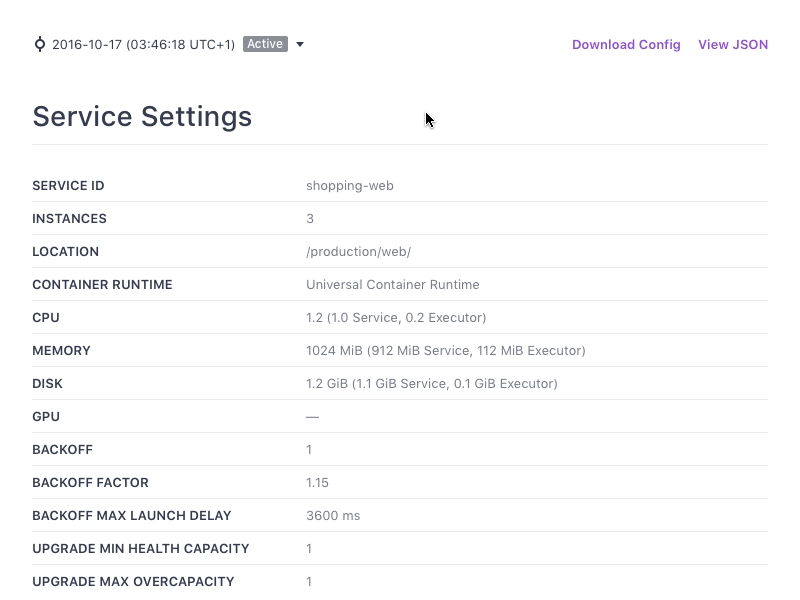 Service Configuration Diff View changes comparison configuration dcos diff difference git history mesosphere rollback version versioning