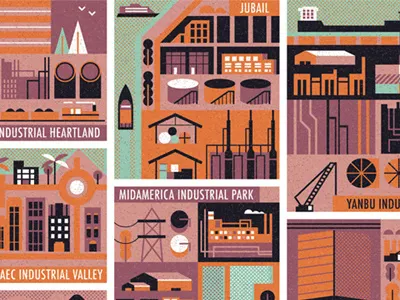 Ultra-Industrialized boat cargo crane factory industrial machines map oil pipelines ships smoke