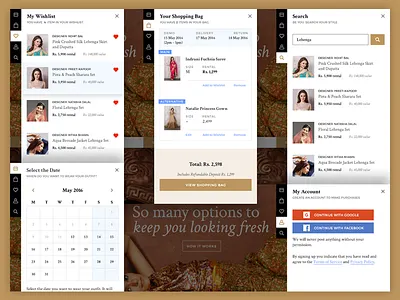 Fitnfash Side menu calendar clothing rental fashion floating side bar my account search shop shopping bag web website wishlist