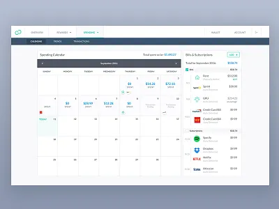 Web Calendar | Birch Finance bills calendar dashboard finance minimal simple spending ui web website
