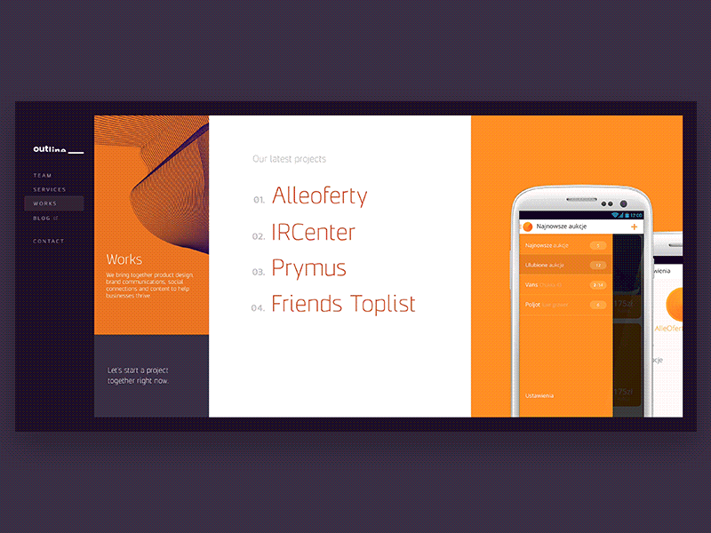 Outline Website dark marketing one page orange panoramic scroll software house web website