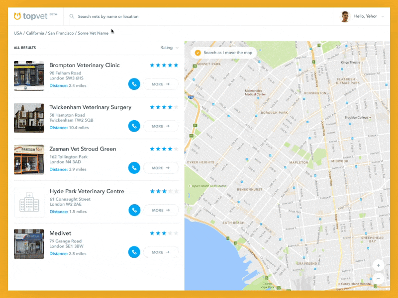 Topvet Desktop Web App Search animation list loading map platform search vet web