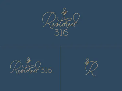 Restored 316 branding butterfly gold icon identity lettering logo logotype mark r script swashery