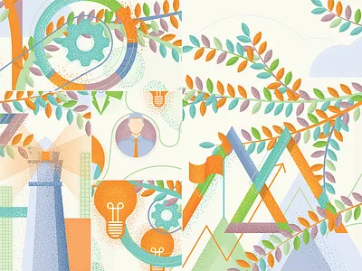 Illustrations charts colorful gear icons illustration lamp leafs lighthouse vector