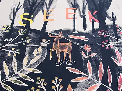 Seek deer design fountain illustration leaves nature plants poster screenprint split trees two color