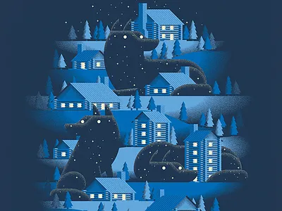 Dark Was the Night afterhours cabins night pack poster screen print stars trees village wilderness wolf wolves