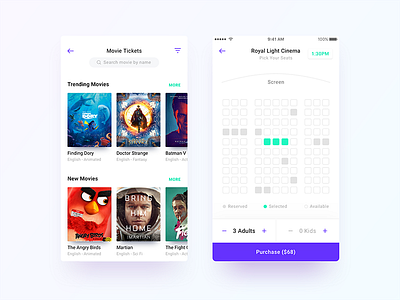 Select Seats & Available Movies android credit ecommerce flat ios movie payment seat settings transfer