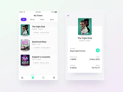 Purchased Tickets & Ticket Details android app ecommerce flat ios list menu movie options popup ticket