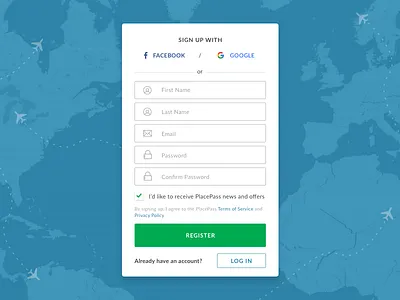 Register (Step 2) / PlacePass create account form log in login modal on boarding popout register sign in sign up ux flow